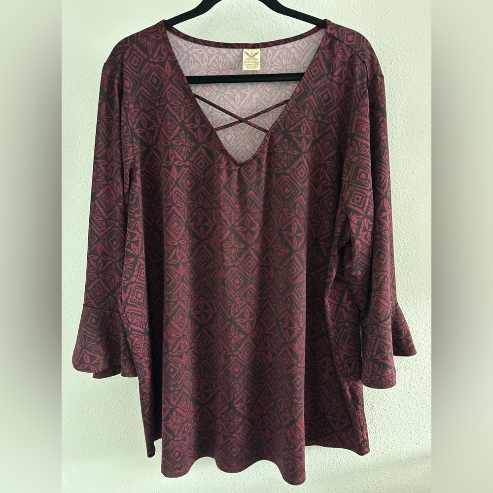 Faded Glory Wine Geometric V-Neck Tunic with Crisscross Size 3X